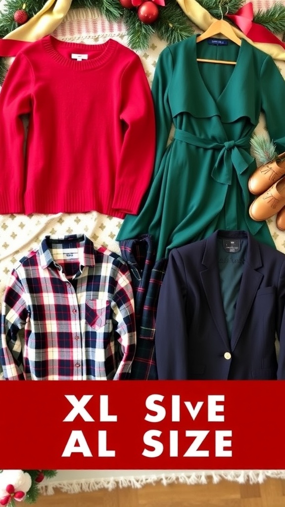 Festive Christmas Outfit Ideas for XL Sizes A collection of Christmas outfits for XL sizes including a red sweater, green dress, plaid shirt, and tailored blazer on a festive background.